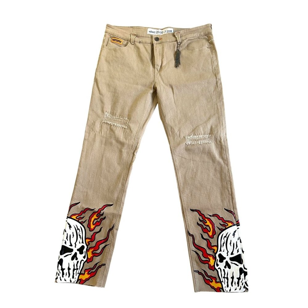 Brand X Mens 40 Beige Jeans With Skull Flame Graphics & Distressed Knees